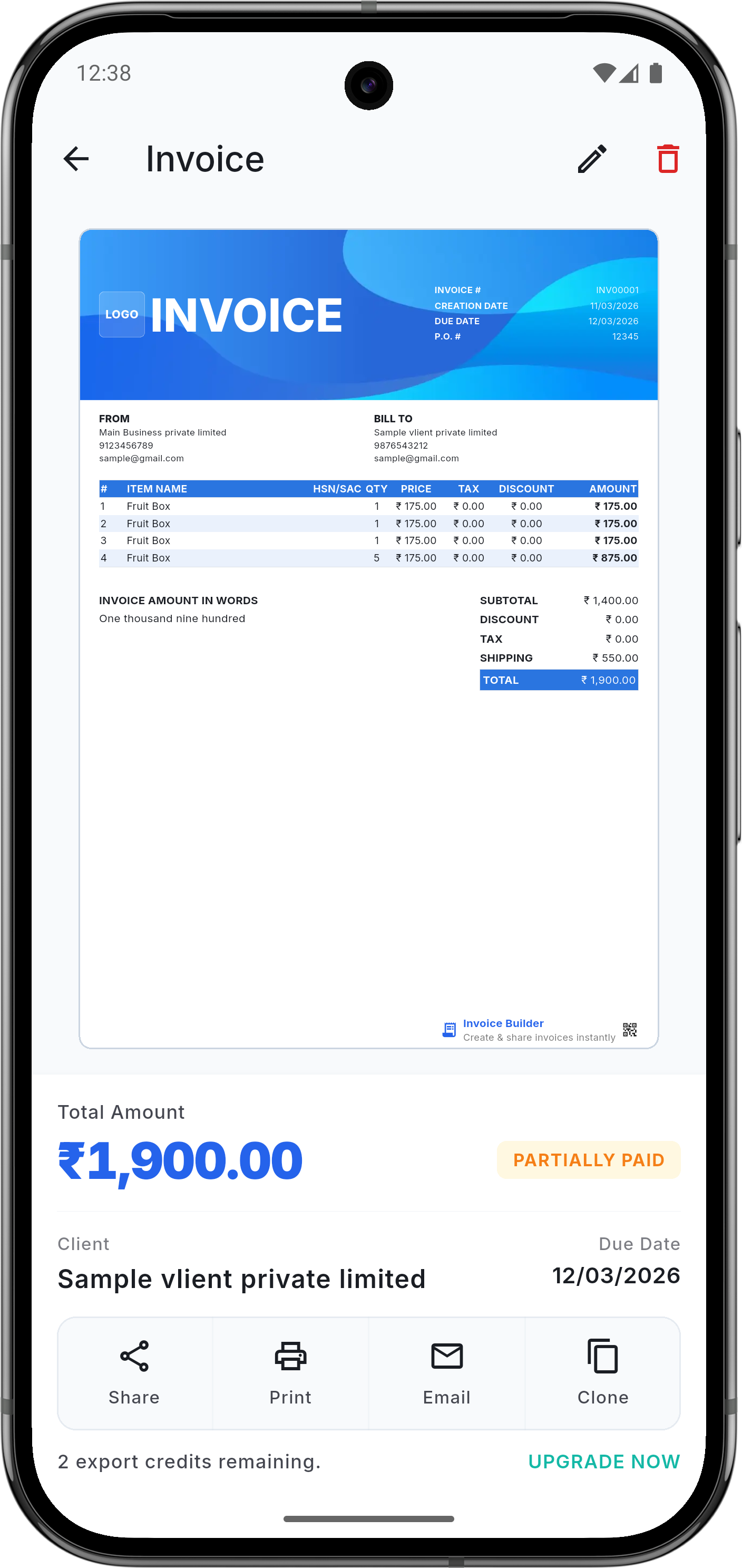Invoice Master app — creating an invoice