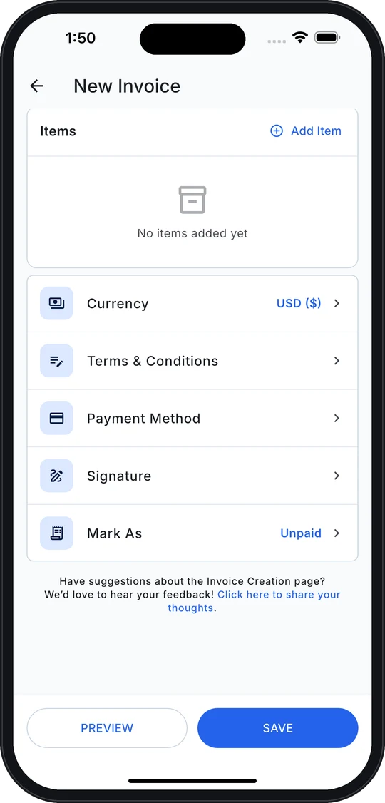 Invoice options: currency, terms, payment method and signature