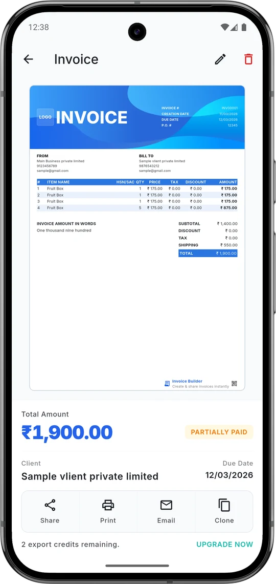 Invoice Master app showing a finished invoice